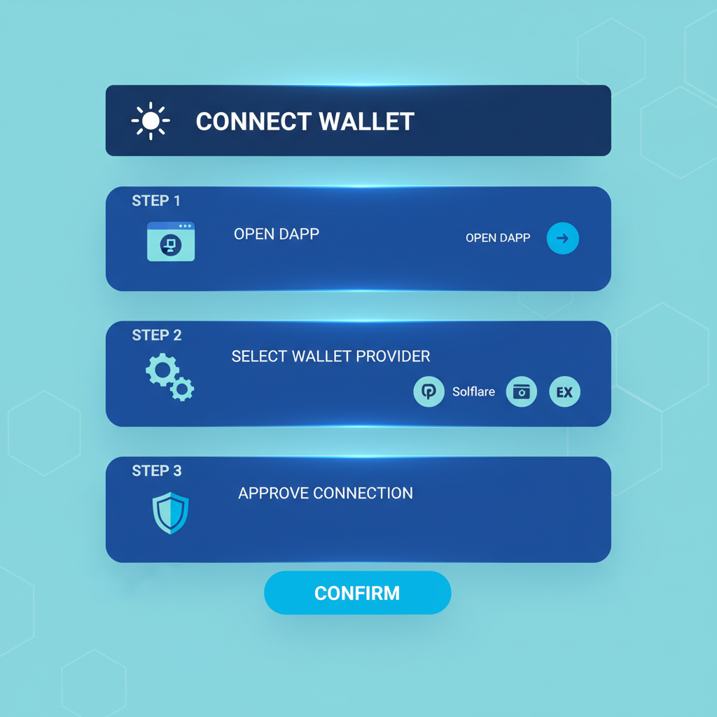 sleek wallet connection interface on Solana blockchain, futuristic UI, blue tones