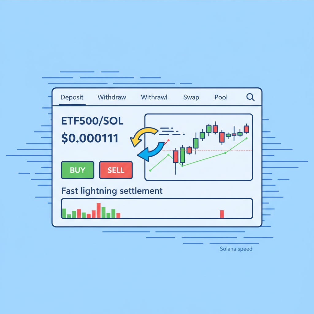 Raydium DEX trading interface showing ETF500/SOL pair at $0.000111, fast lightning settlement arrows, Solana speed lines