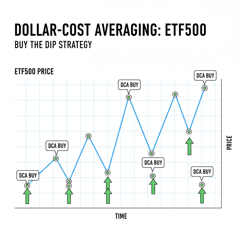 trading chart showing dollar-cost averaging buys on dip, ETF500 price action