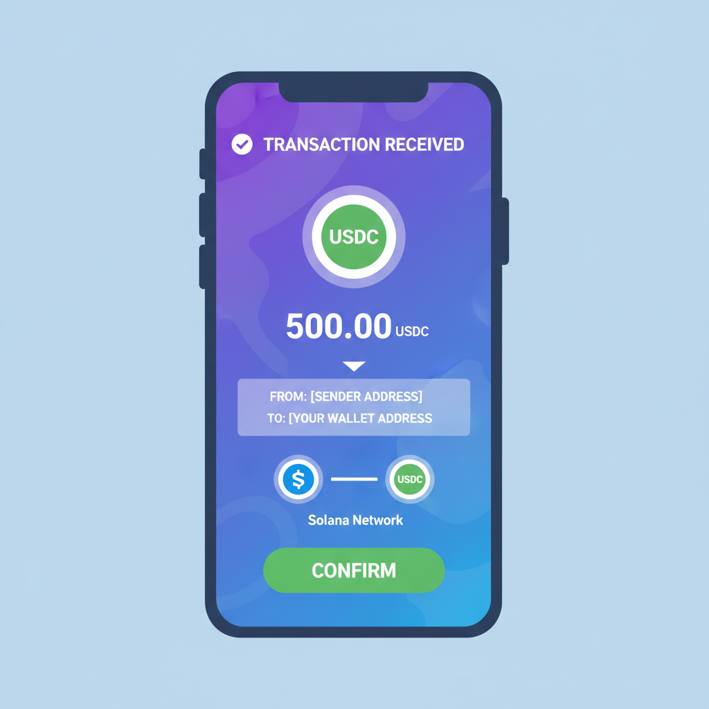 Solana wallet receiving USDC transfer, transaction confirmation screen