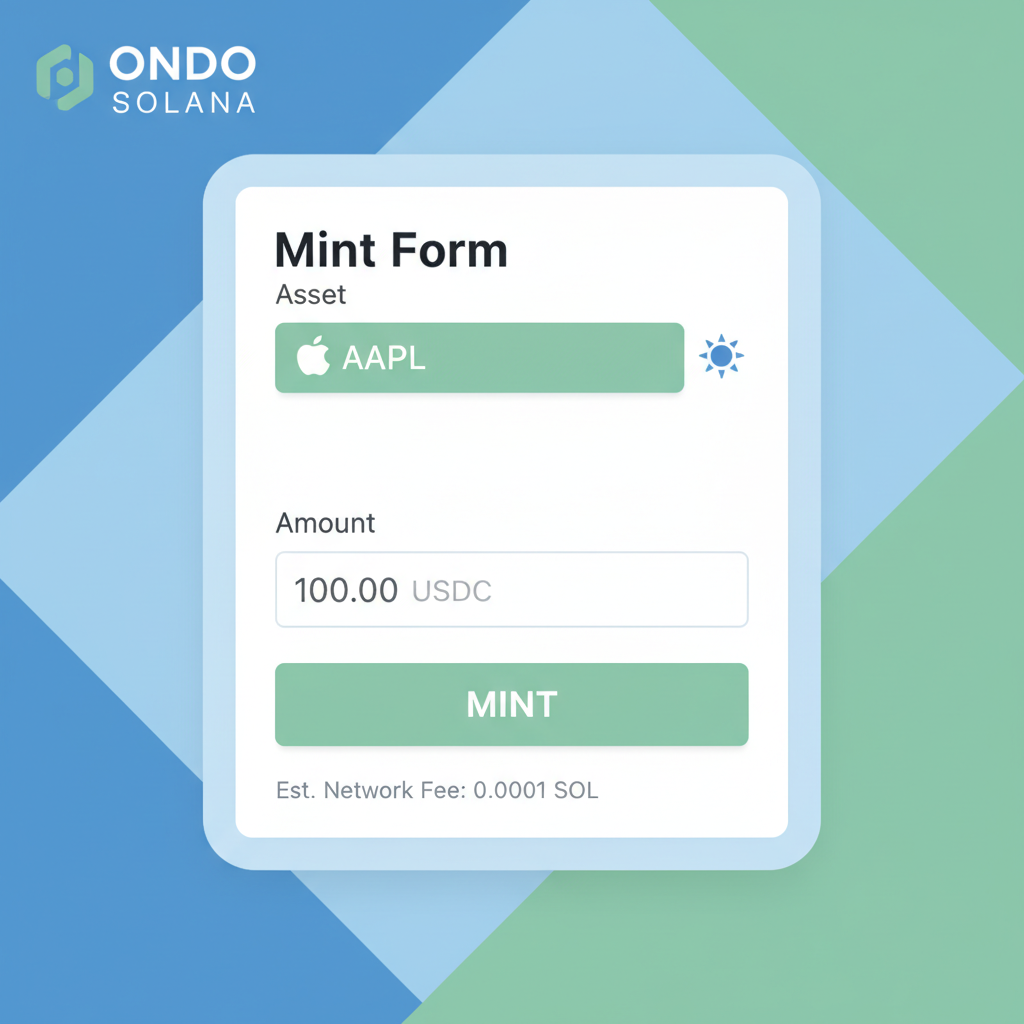 mint form on Ondo Solana with AAPL selected and amount input field