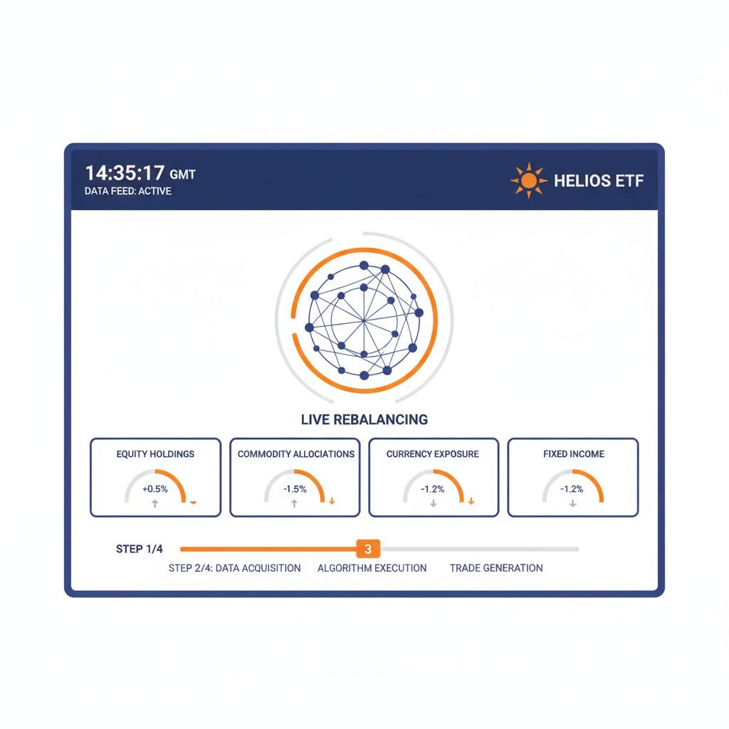high-tech monitoring dashboard for Helios ETF showing live rebalancing metrics