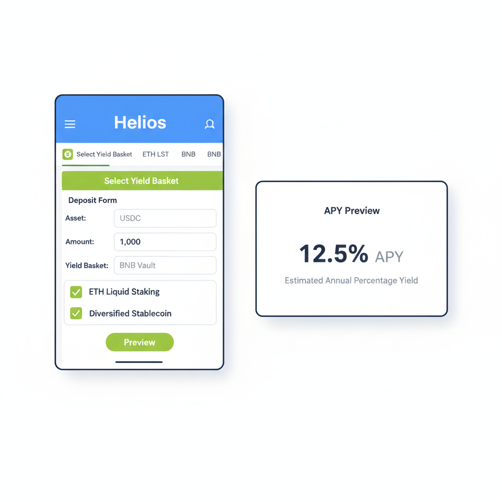 Helios app select yield basket USDC ETH LST BNB deposit form APY preview --ar 16:9